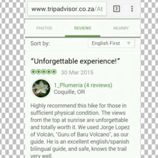 highly recommend this hike for those in sufficient physical condition. the views from the top at sunrise are unforgerttable and totally worth it. we used Jorge Lopez of Volcan, "guru of Baru Volcano", as our guide. He is an exellent English/Spanish bilingual guide, and safe, knows the trail very well